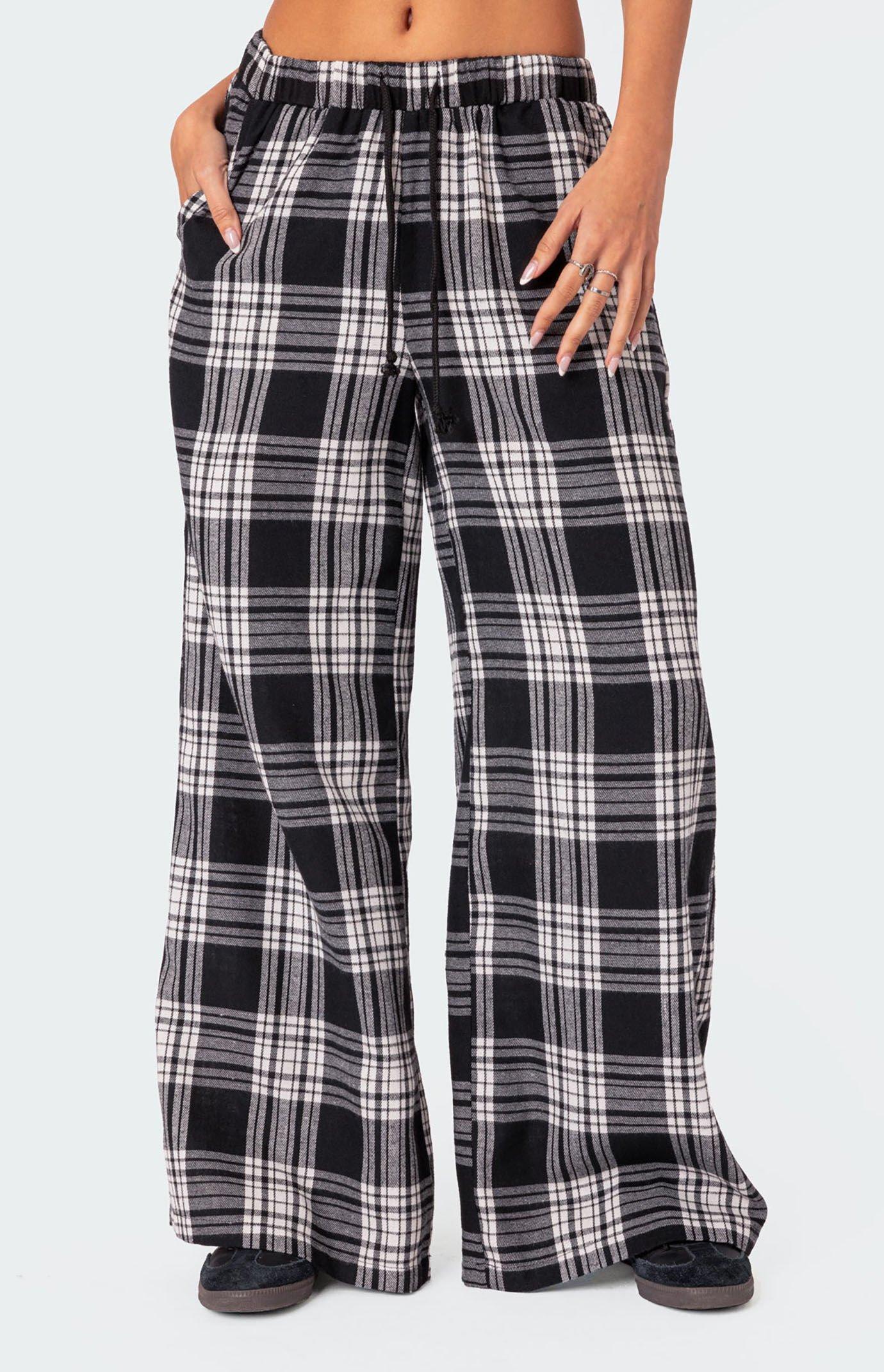 Edikted Women's Lounge Around Plaid Wide Leg Pants in White/Black - Product Image