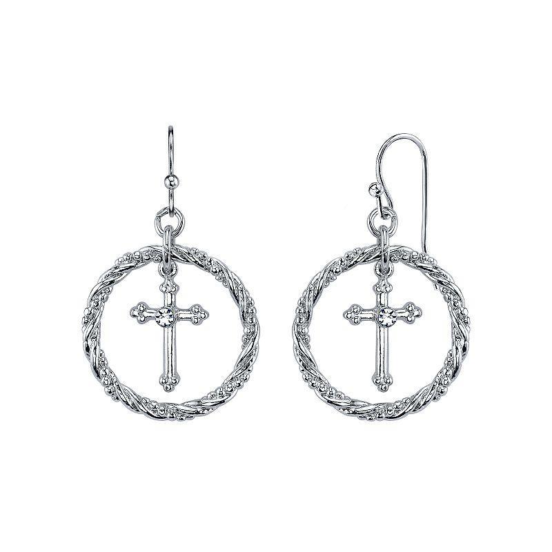 1928 Crystal Cross Hoop Drop Earrings, Womens, Silver Tone Product Image