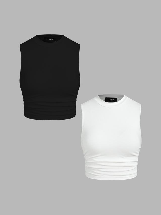  2 Pack Round Neck Solid Ruched Crop Tank Top Product Image