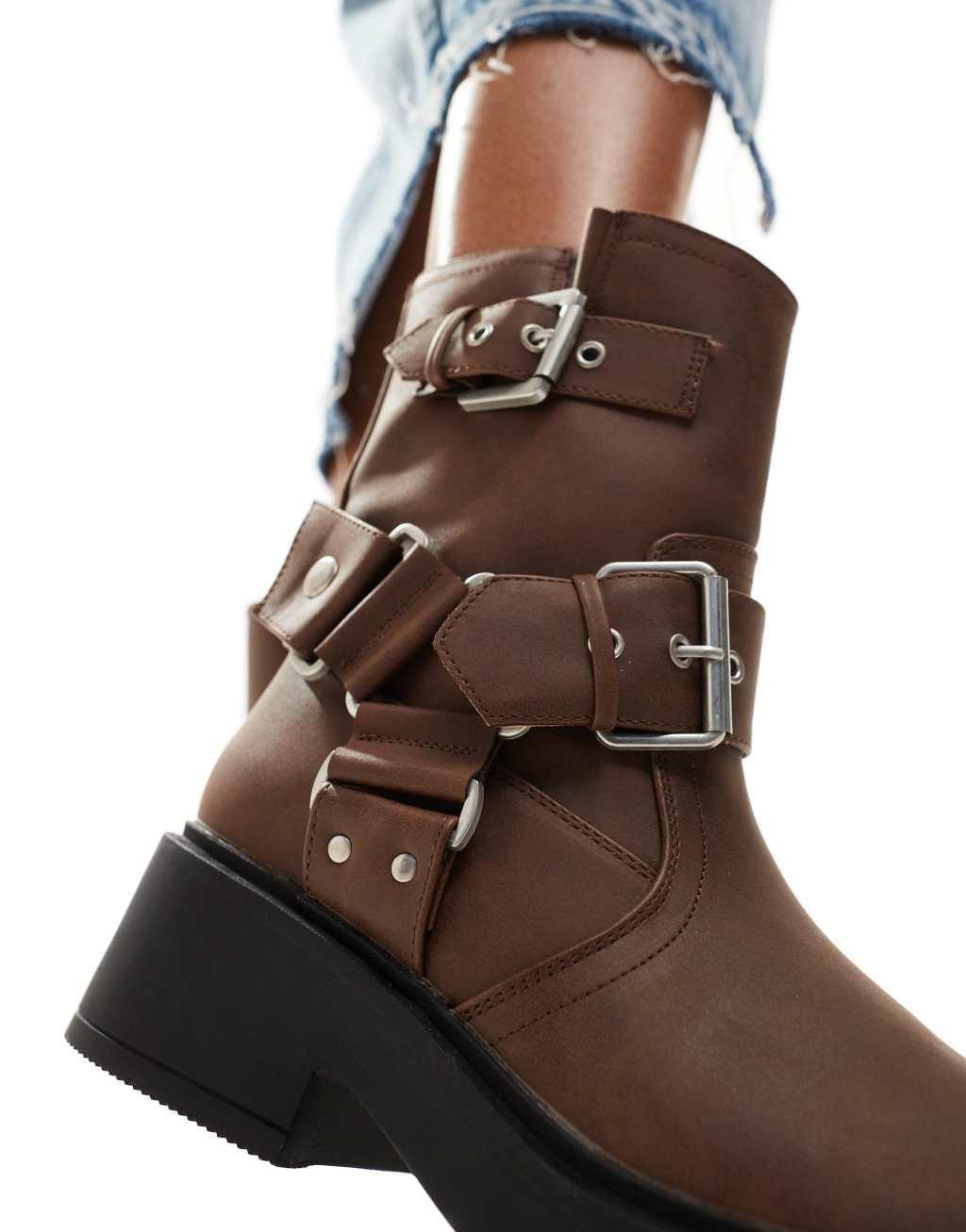 ASOS DESIGN Aim harness biker ankle boots in brown Product Image