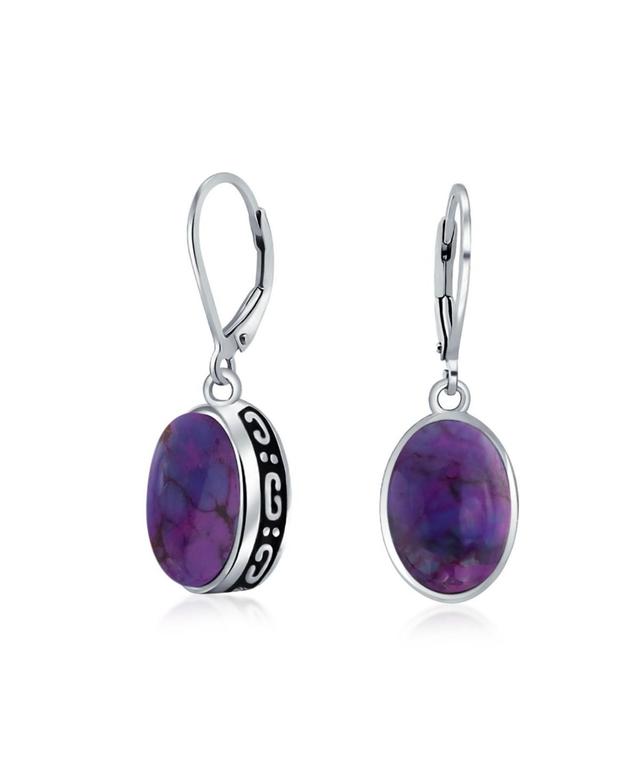 Bling Jewelry Western Style 3CT Oval Stabilized Purple Natural Turquoise Bezel Dangle Lever Back Earrings For Women Sterling Silver Product Image