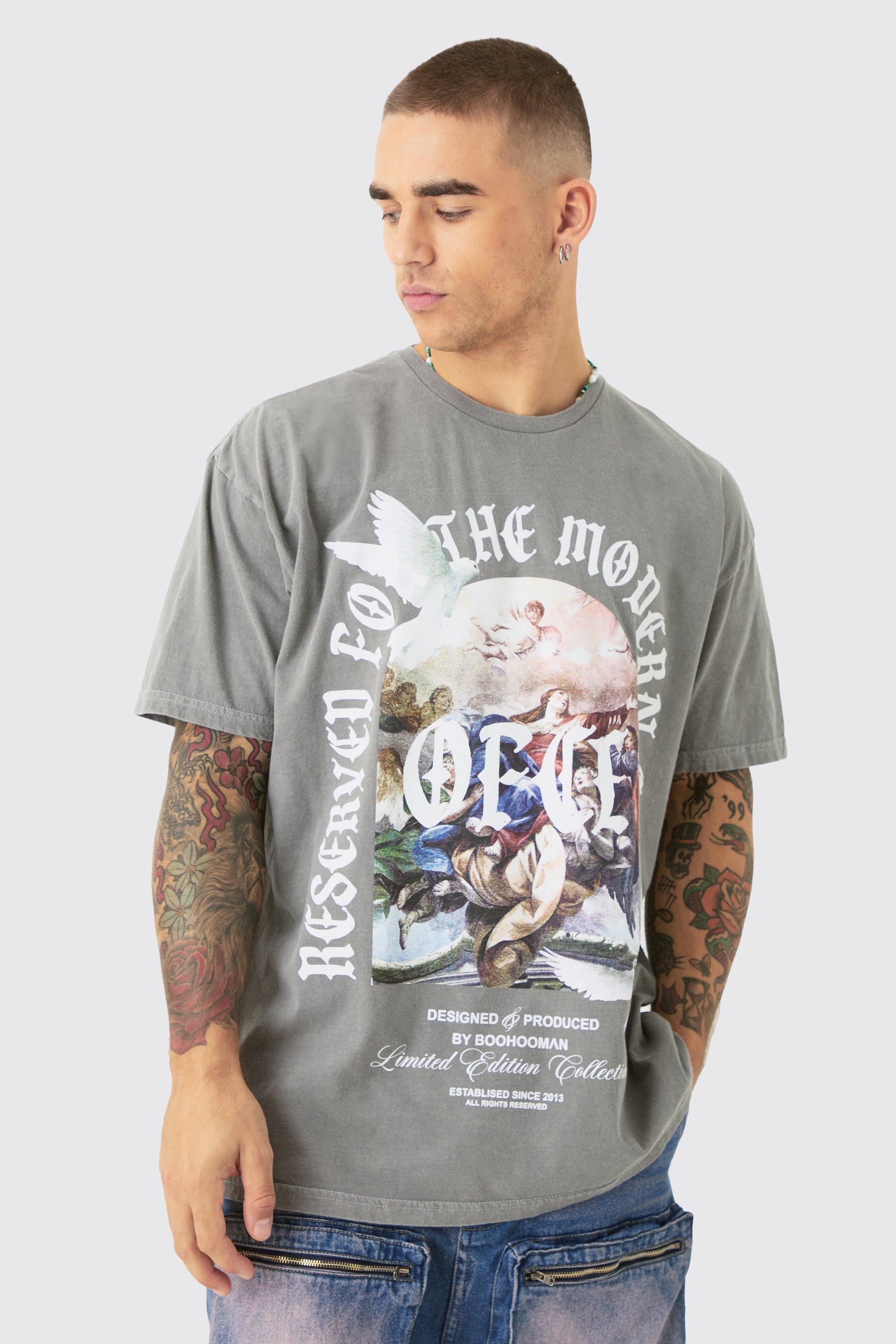 Mens Grey Oversized Wash Renaissance Ofcl Print T-shirt, Grey Product Image