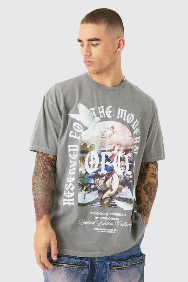 Mens Grey Oversized Wash Renaissance Ofcl Print T-shirt, Grey Product Image