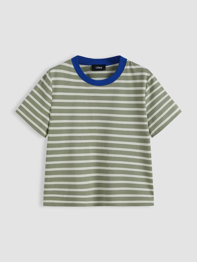 Cotton-blend Round Neck Striped Contrasting Binding Short Sleeve Tee Product Image