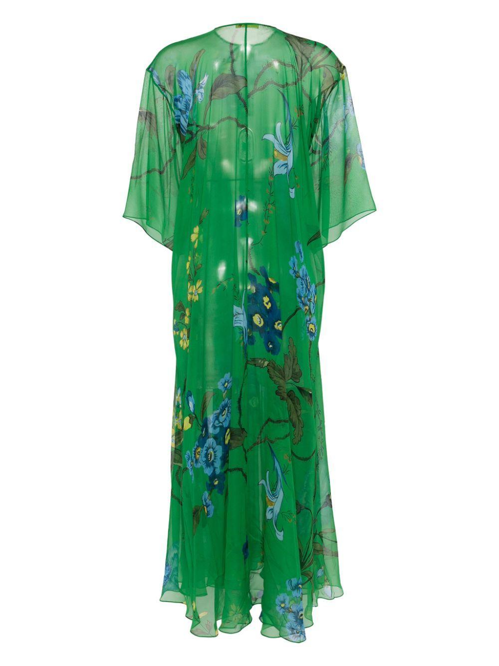 Floral-print Silk Open Maxi Kaftan Dress In Green Product Image