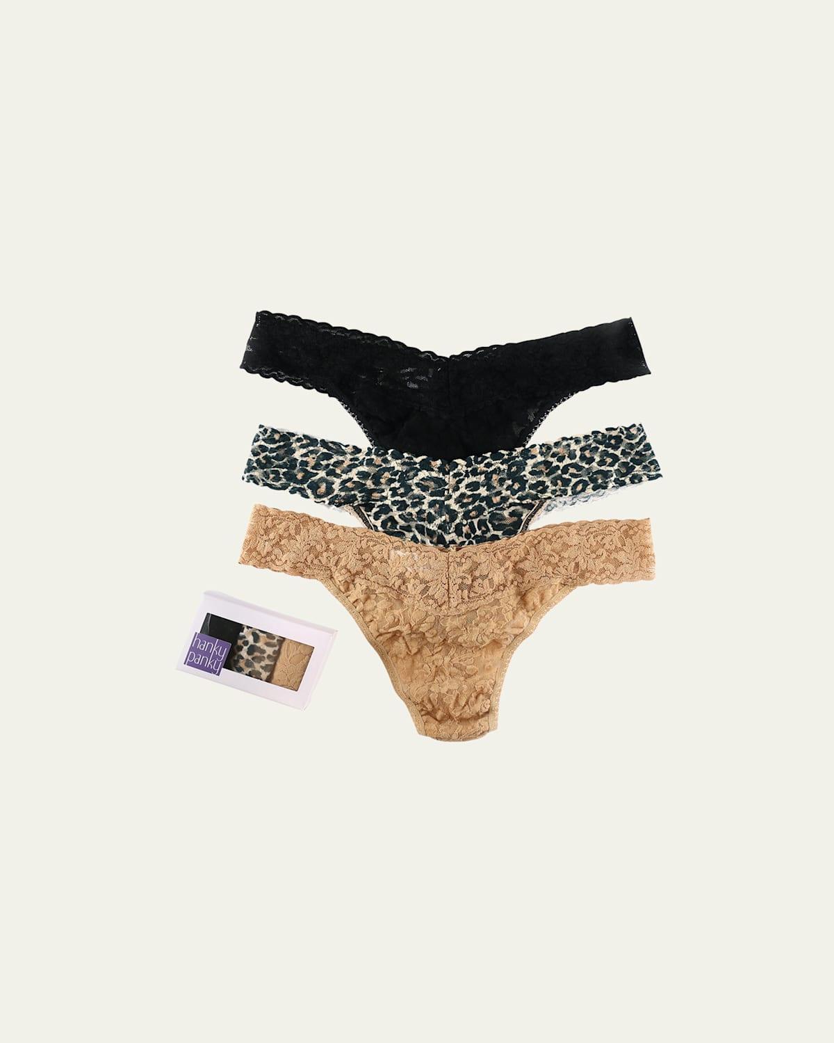 Hanky Panky Three-Pack Lace Original-Rise Thongs  - CHAI BLK LEOPARD Product Image