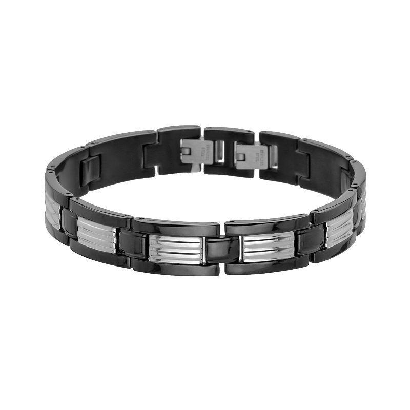 LYNX Black Ion-Plated Stainless Steel & Stainless Steel Ribbed Link Bracelet - Men, Mens Product Image