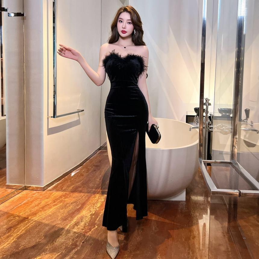 Strapless Fluffy Trim Velvet Slit Bodycon Maxi Dress Product Image