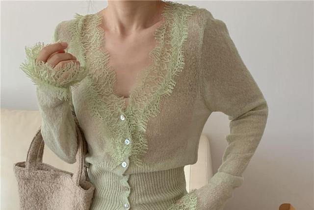 V-Neck Plain Lace Trim Cardigan Product Image