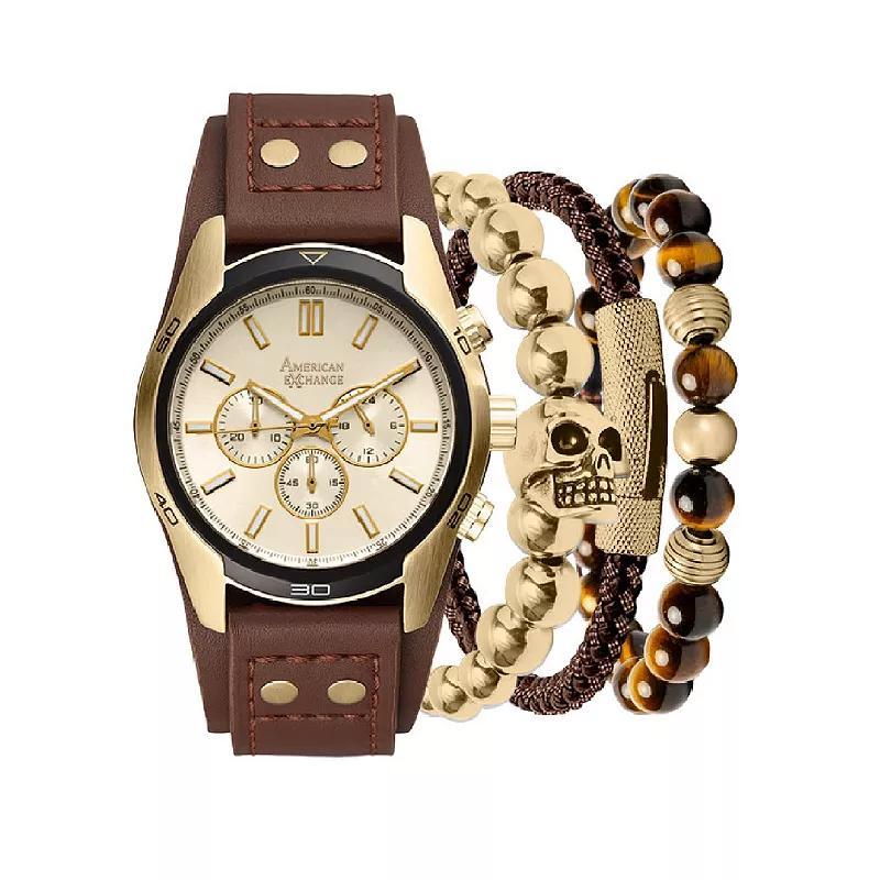 American Exchange Mens Brown Strap Watch 45mm Gift Set - Brown Product Image