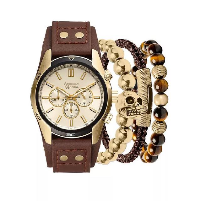 American Exchange Mens Brown Strap Watch 45mm Gift Set Product Image