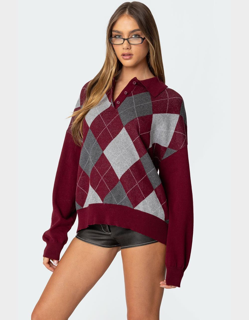 EDIKTED Argyle Oversized Polo Sweater Product Image