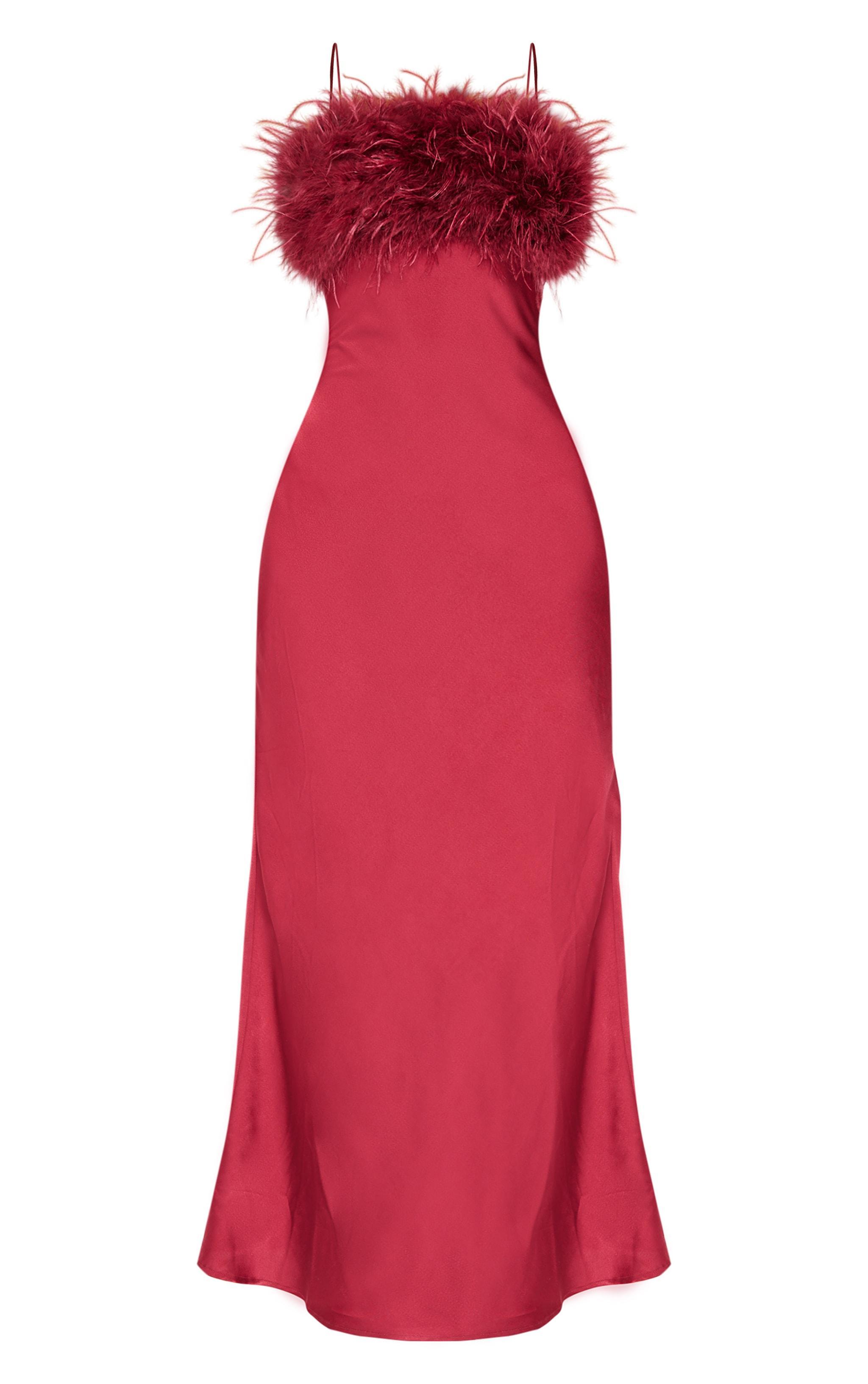 Burgundy Satin Feather Bust Detail Maxi Dress Product Image