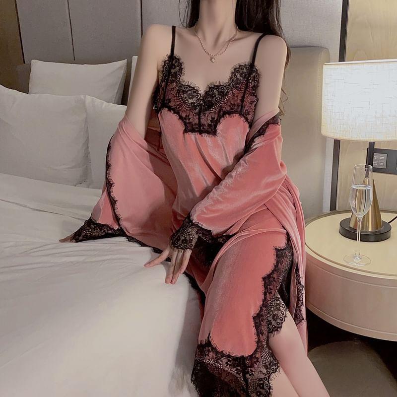 Spaghetti Strap V-Neck Lace Panel Slit Velvet Midi Nightdress / Pajama Robe / Set Product Image