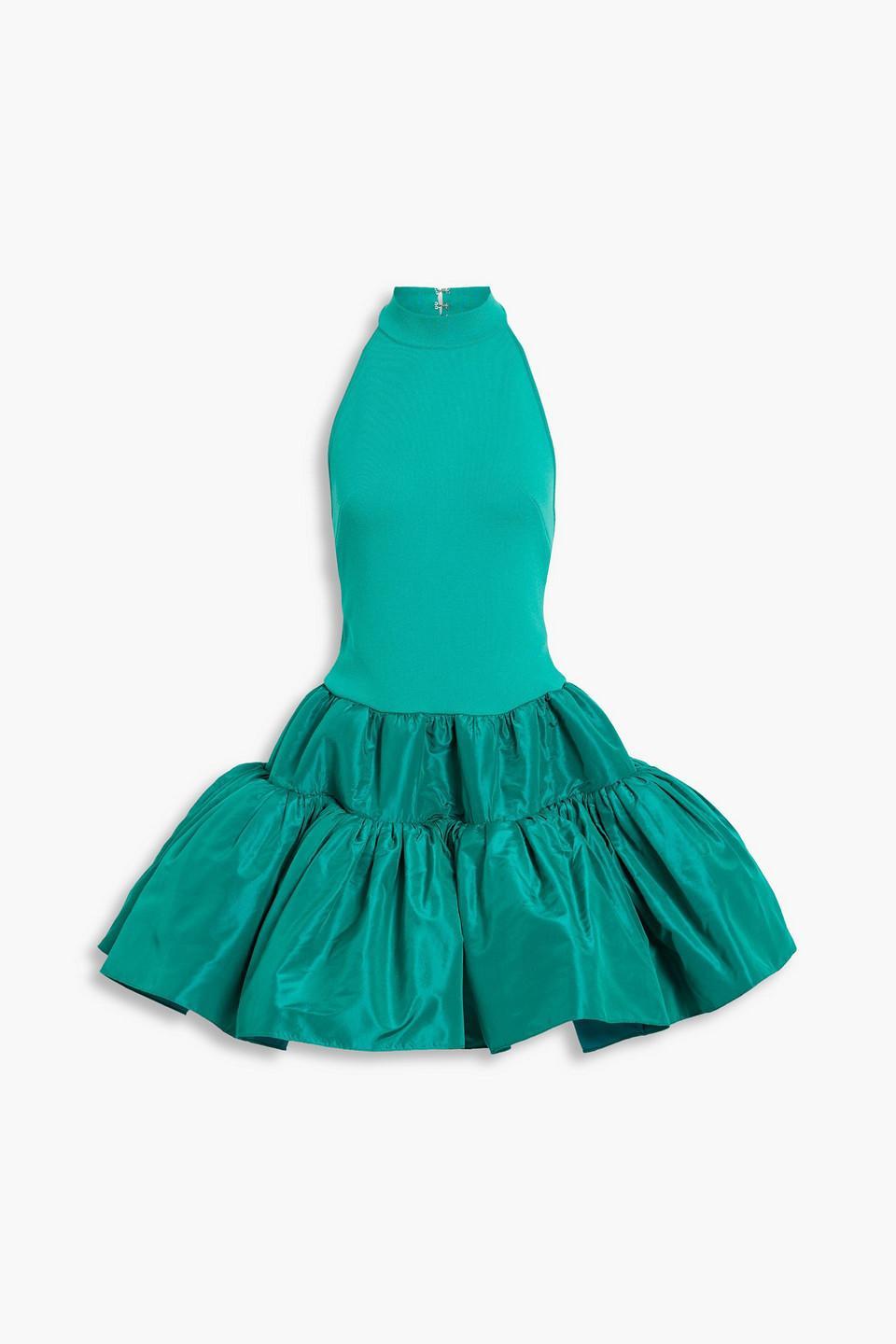 Tiered Stretch-knit And Silk-taffeta Halterneck Mini Dress In Seagreen Product Image