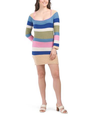 Long Sleeve Crochet Striped Mini Dress for Women | Cotton/Acrylic Product Image