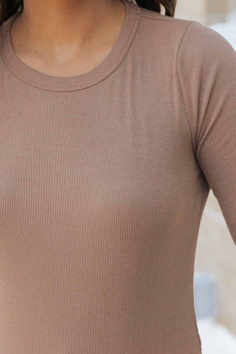 Long Sleeve Crew Neck Ribbed Top - Mocha - FINAL SALE Female Product Image