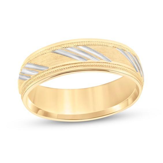 Men's 6.5mm Low Dome Diagonal Slant Carved Wedding Band in 10K Two-Tone Gold Product Image