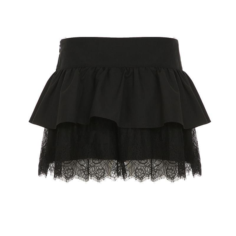 Mid Rise Plain Lace Trim Mini A-Line Skirt Product Image