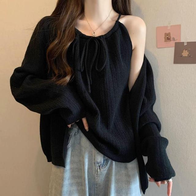 Set: Plain Bow Cami Top + Cardigan Product Image