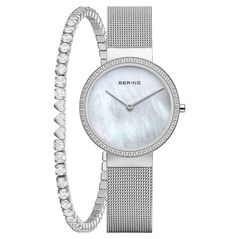 BERING Womens Classic Stainless Steel Crystal Accent Milanese Bracelet Watch and Crystal Heart Bracelet Gift Box Set -14531-004 Silver Product Image