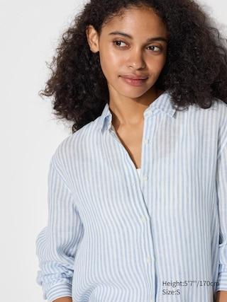 Womens Premium Linen Striped Long-Sleeve Shirt Blue Large UNIQLO US product image