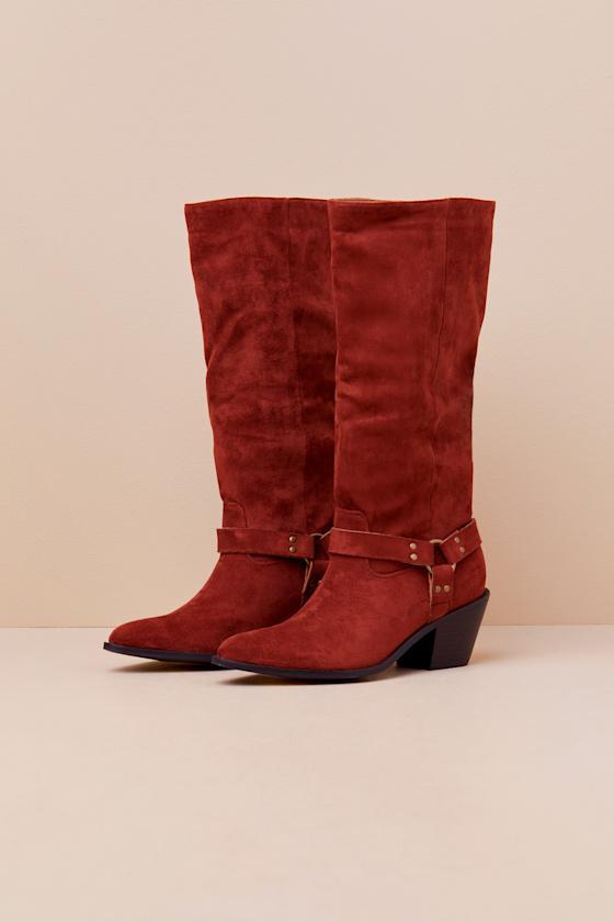 Assia Rust Suede Slip-On Knee-High Moto Boots Product Image