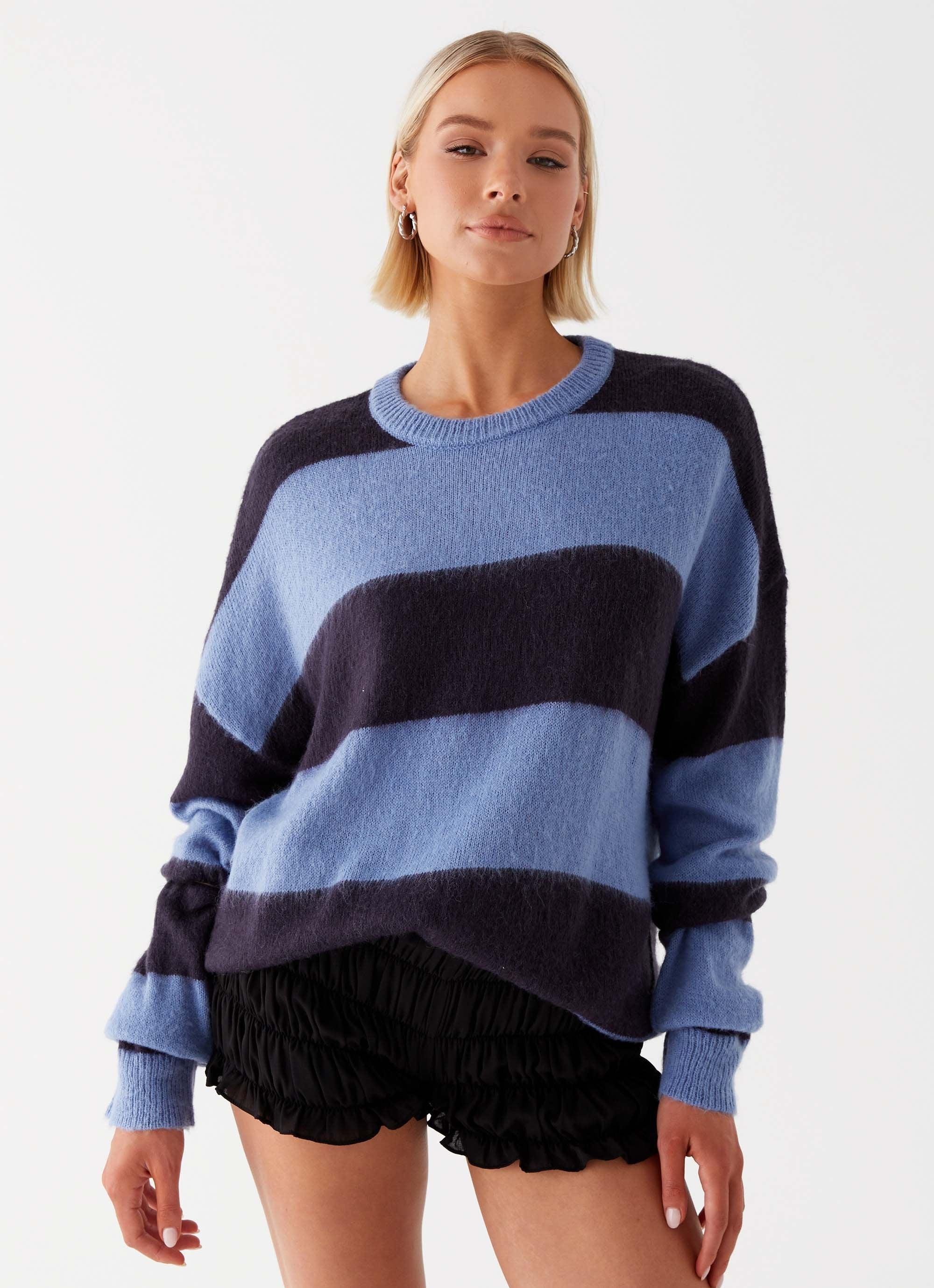 Nikita Fuzzy Knit Sweater - Blue Black Stripe Product Image