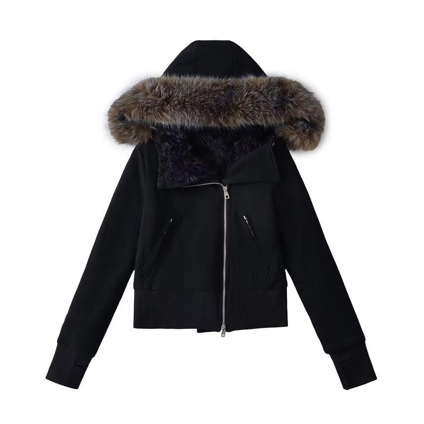 Fluffy Trim Hooded Zip Up Crop Jacket Product Image