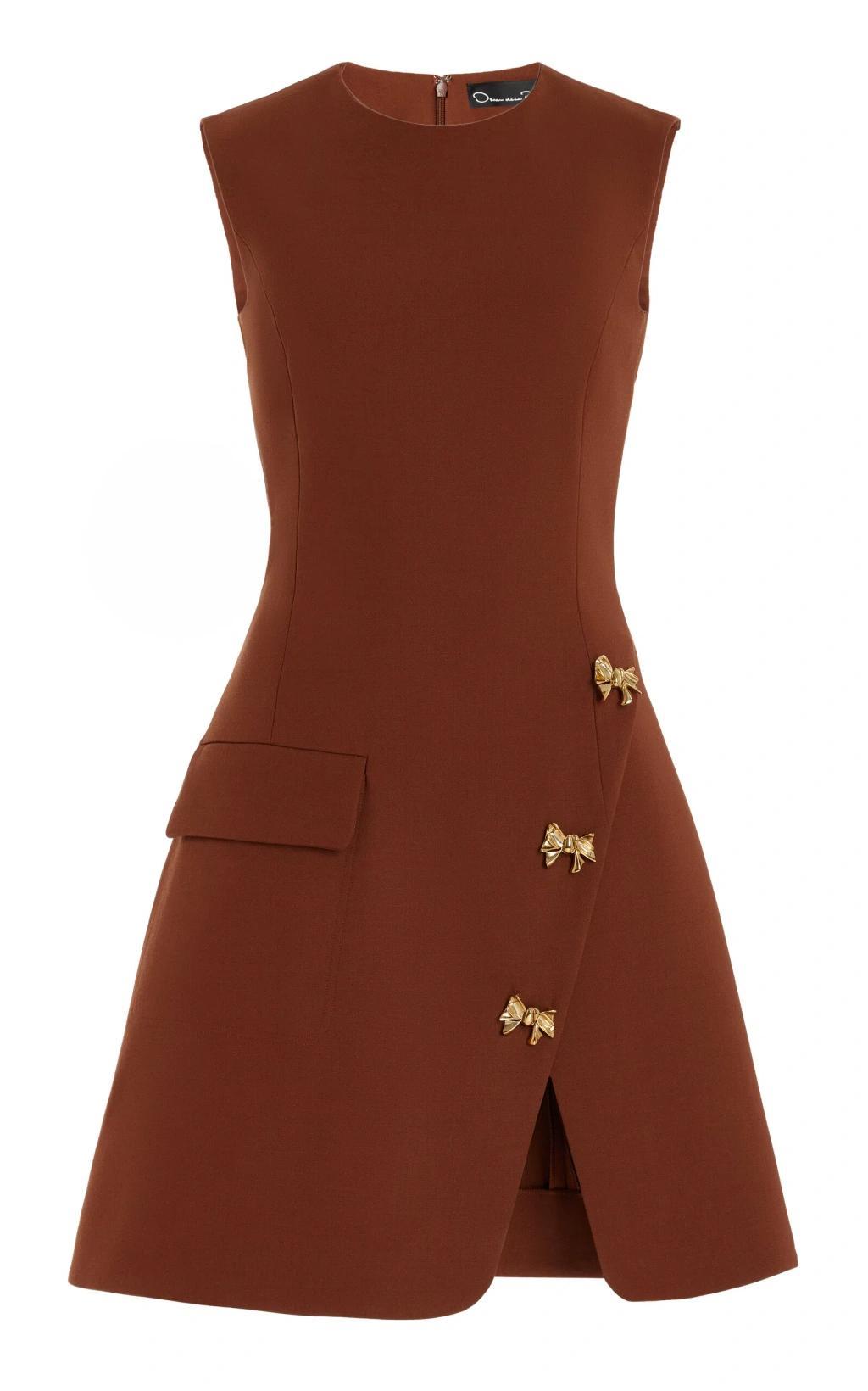 OSCAR DE LA RENTA Button-detailed Stretch-wool Mini Dress In Cocoa Product Image