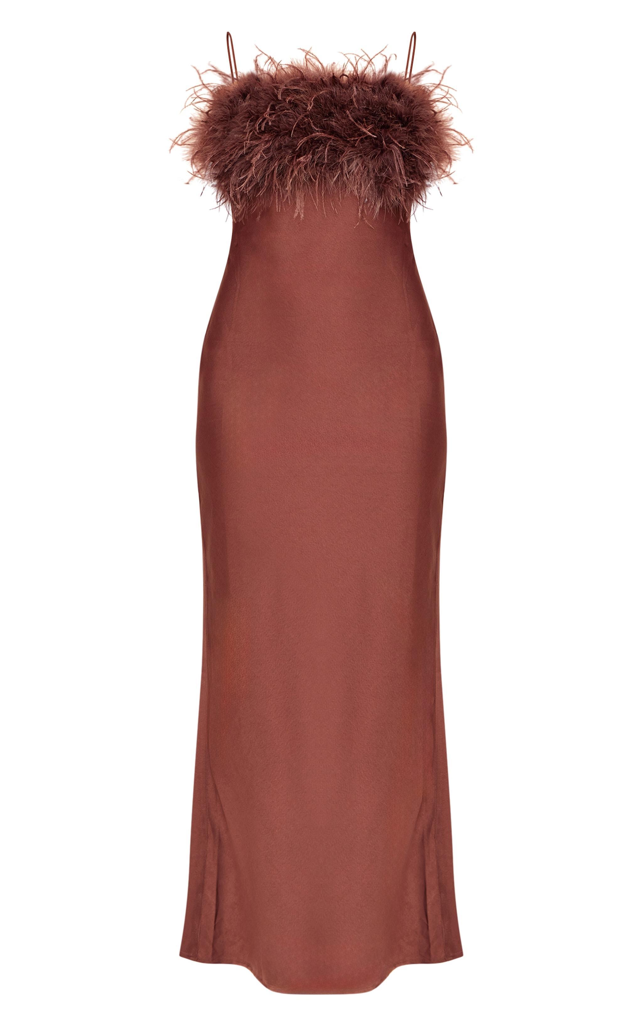 Chocolate Satin Feather Bust Detail Maxi Dress Product Image