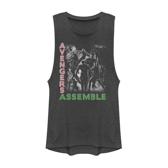 Juniors Marvel Avengers Assemble Black & White Group Muscle Tank Top, Girls Grey Product Image