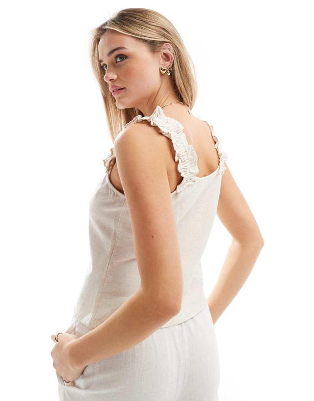 Pieces linen-touch button front top with gathered straps in cream Product Image