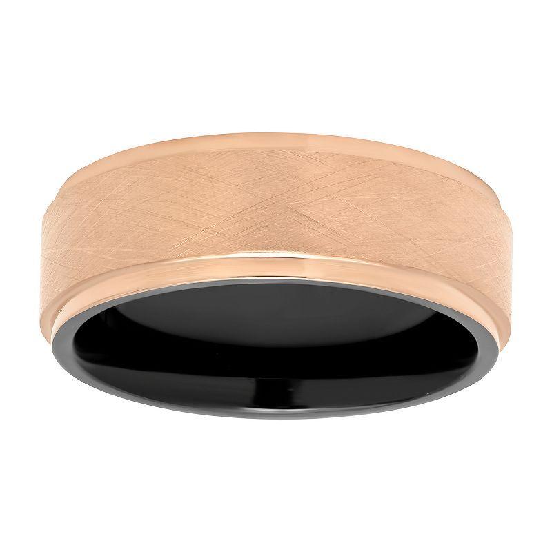 Mens Rose Gold Tone & Black Stainless Steel Step Edge Wedding Band Pink Tone Product Image