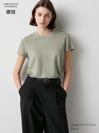 Womens Linen Crew Neck Short Sleeve T-Shirt Olive 2XS UNIQLO US Product Image