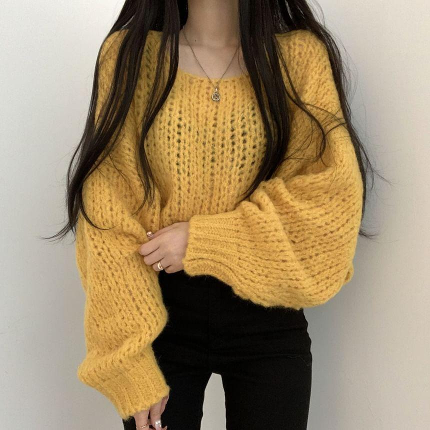 Puff-Sleeve Plain Chunky Knit Sweater Product Image