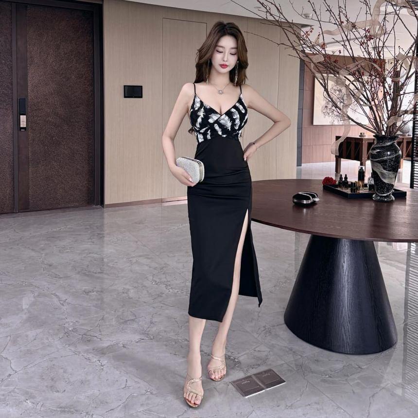 Spaghetti Strap V-Neck Feather Print Slit Panel Midi Sheath Dress Product Image