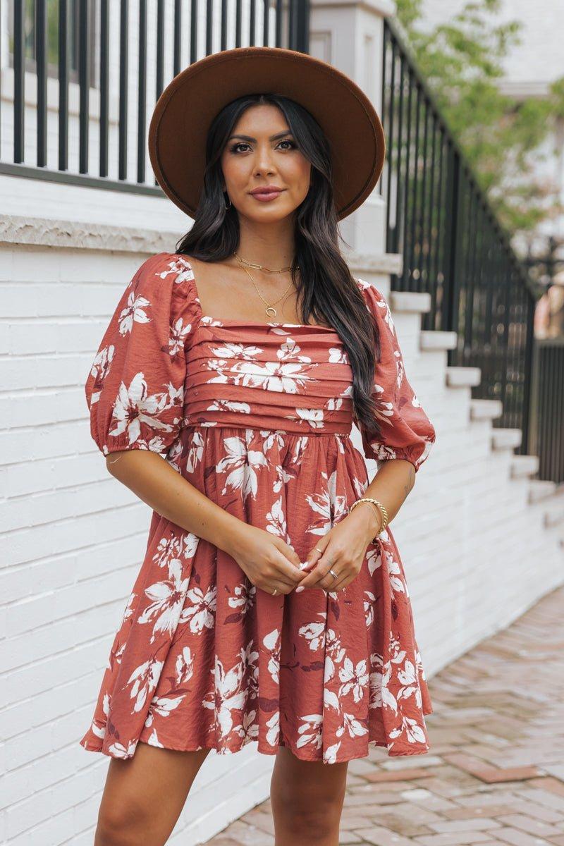 Terracotta Floral Print Pleated Mini Dress - FINAL SALE Product Image