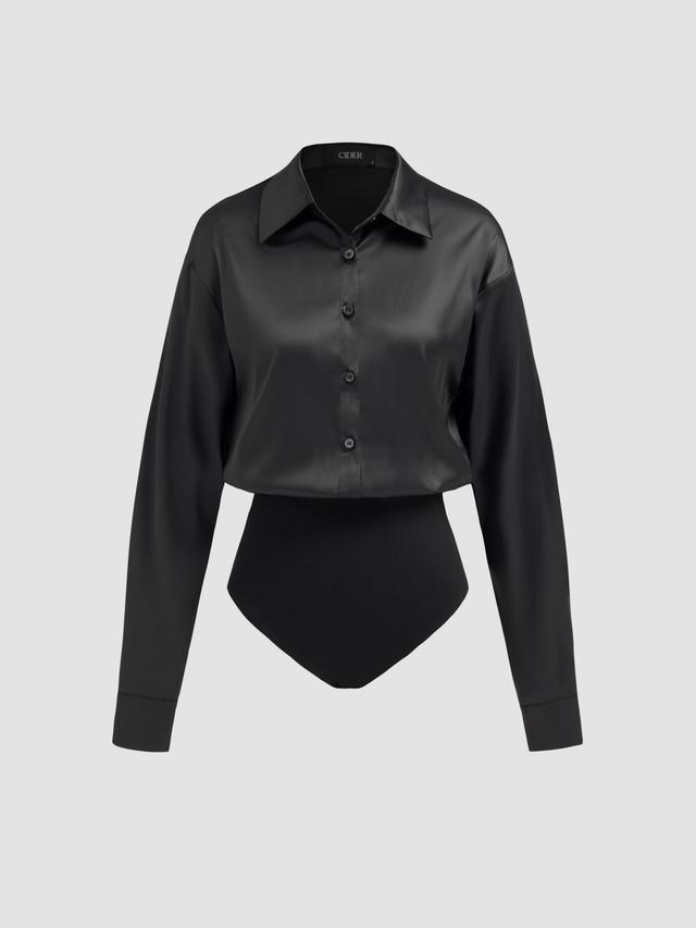 Satin Collar Solid Long Sleeve Blouse Bodysuit Product Image