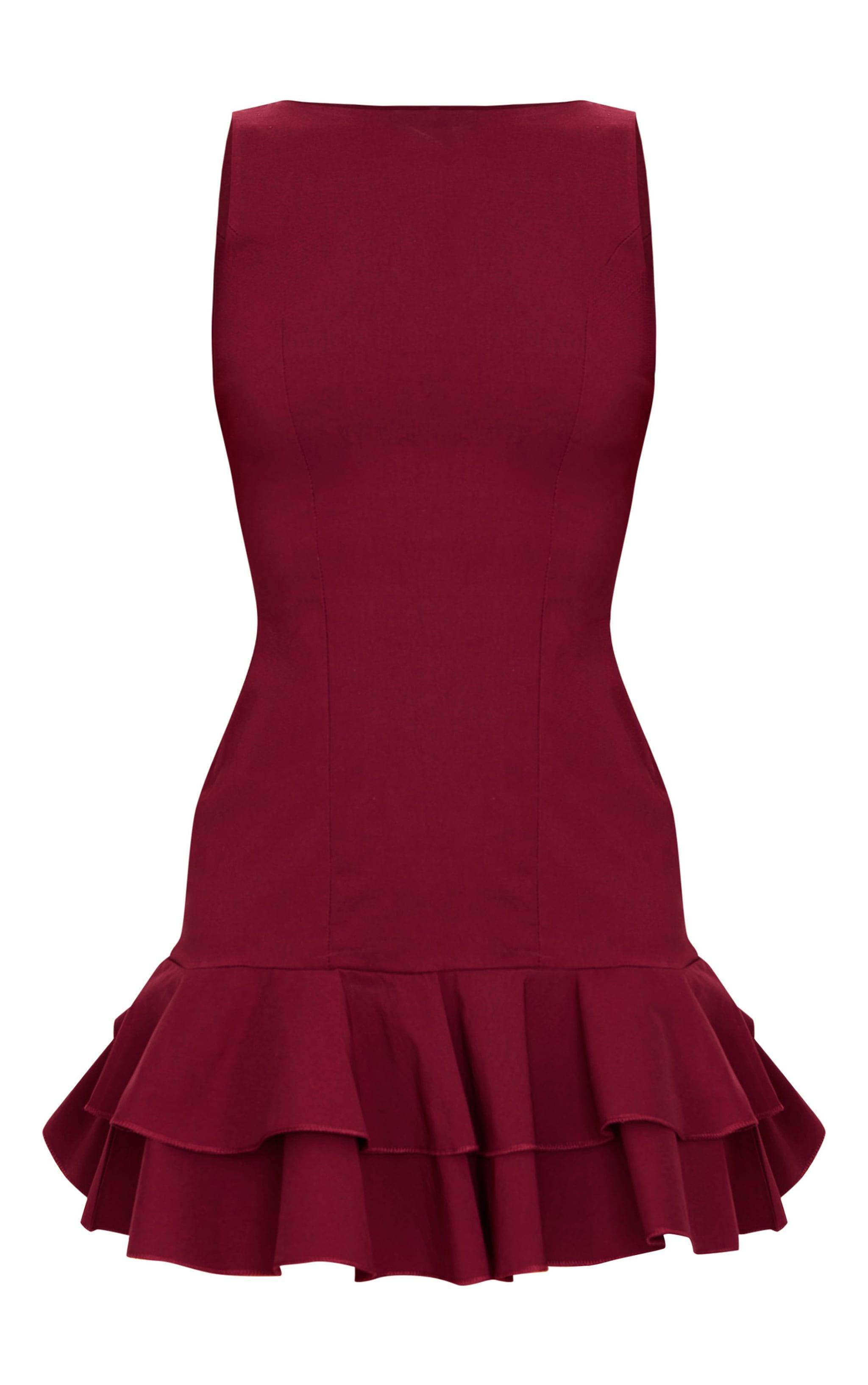 Burgundy Boat Neck Pleated Hem Shift Dress Product Image