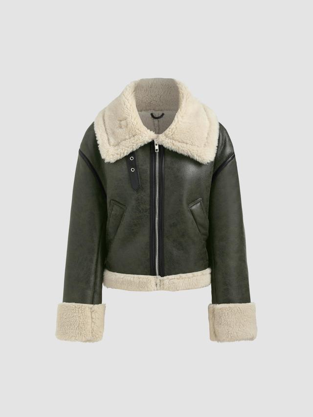 Faux Shearling Collar Solid Zipper Biker Jacket Product Image