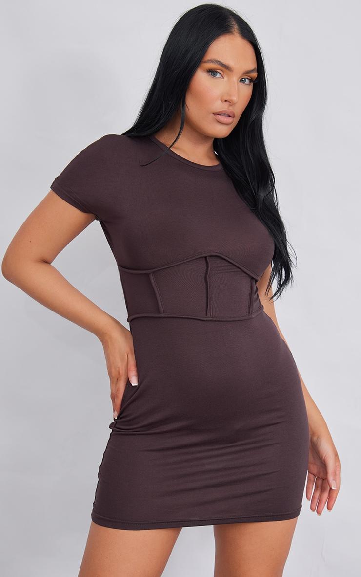 Chocolate Corset Binding Detail Short Sleeve Bodycon Dress Product Image