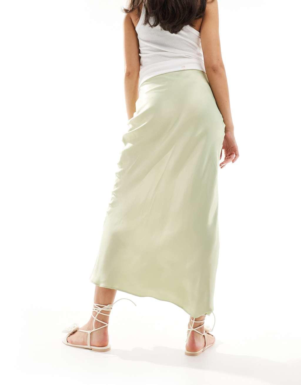 Stradivarius satin midi skirt in washed green  Product Image