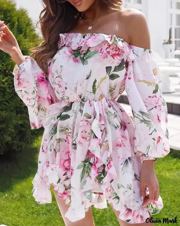 Olivia Mark – Ruffle Lantern Sleeve Floral Off Shoulder Dress product image