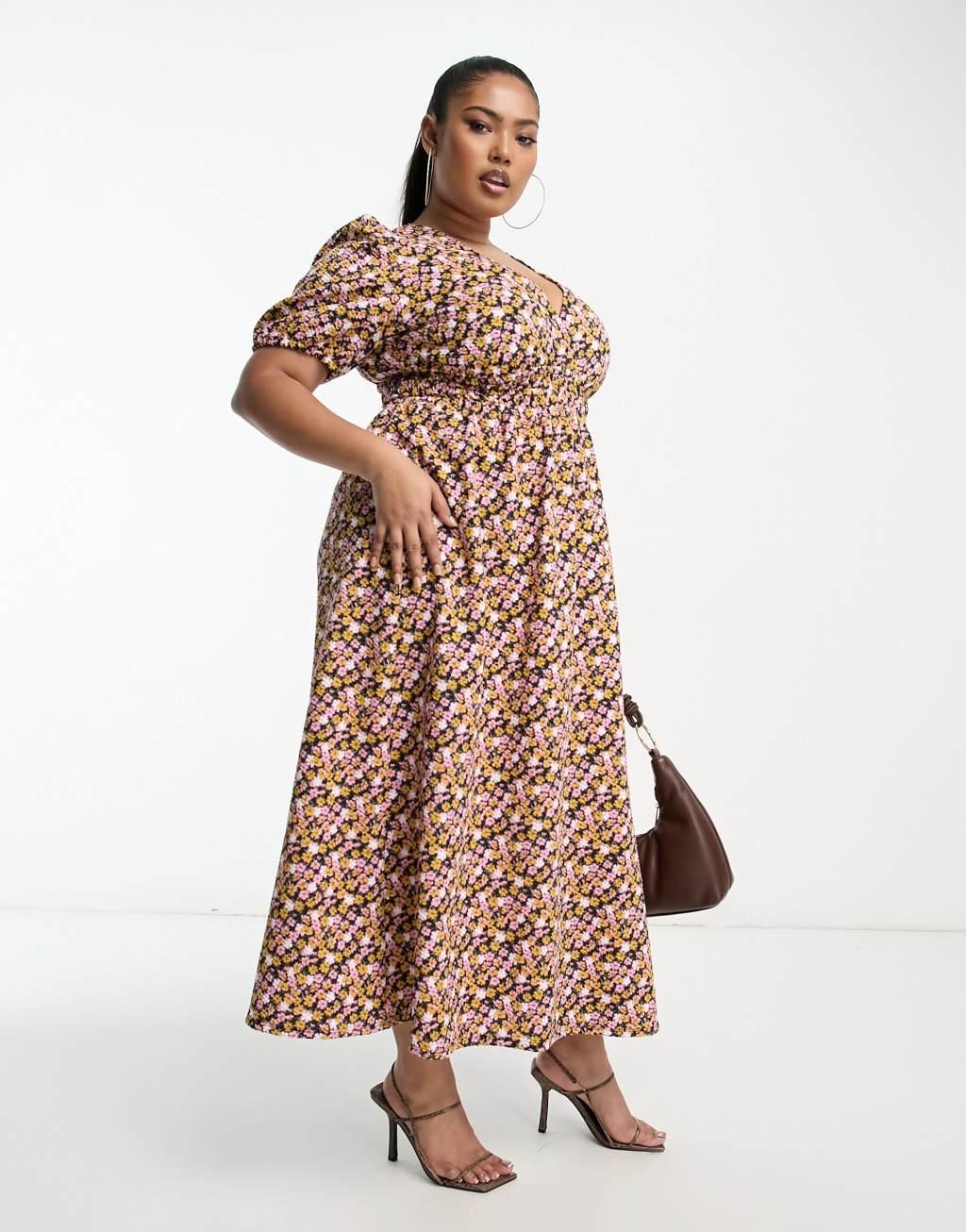 ASOS DESIGN Curve shirred waist midi tea dress with volume sleeve in ditsy print Product Image