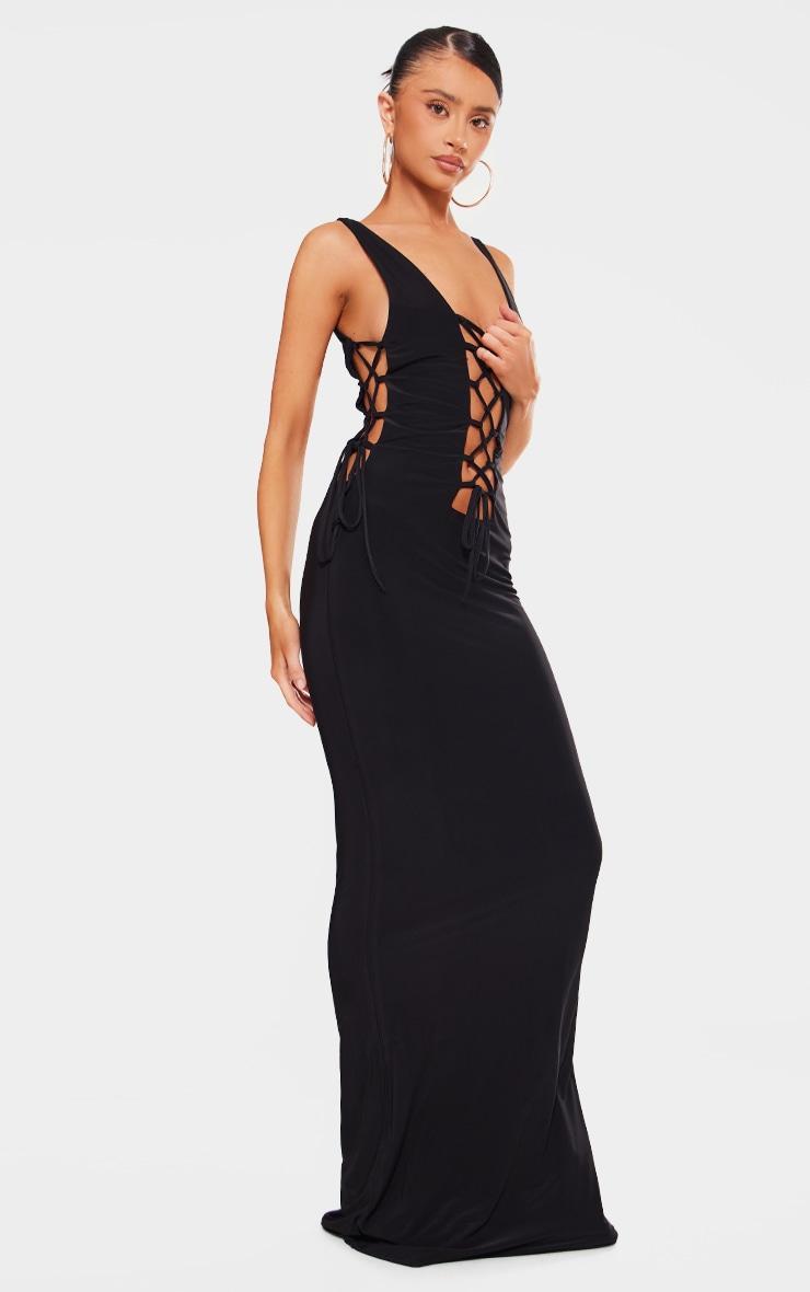 Petite Black Double Layer Lace Up Detail Maxi Dress Product Image