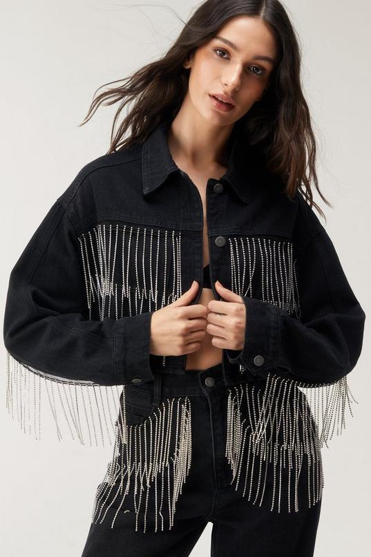 Embellished Fringe Trim Cropped Denim Jacket Product Image