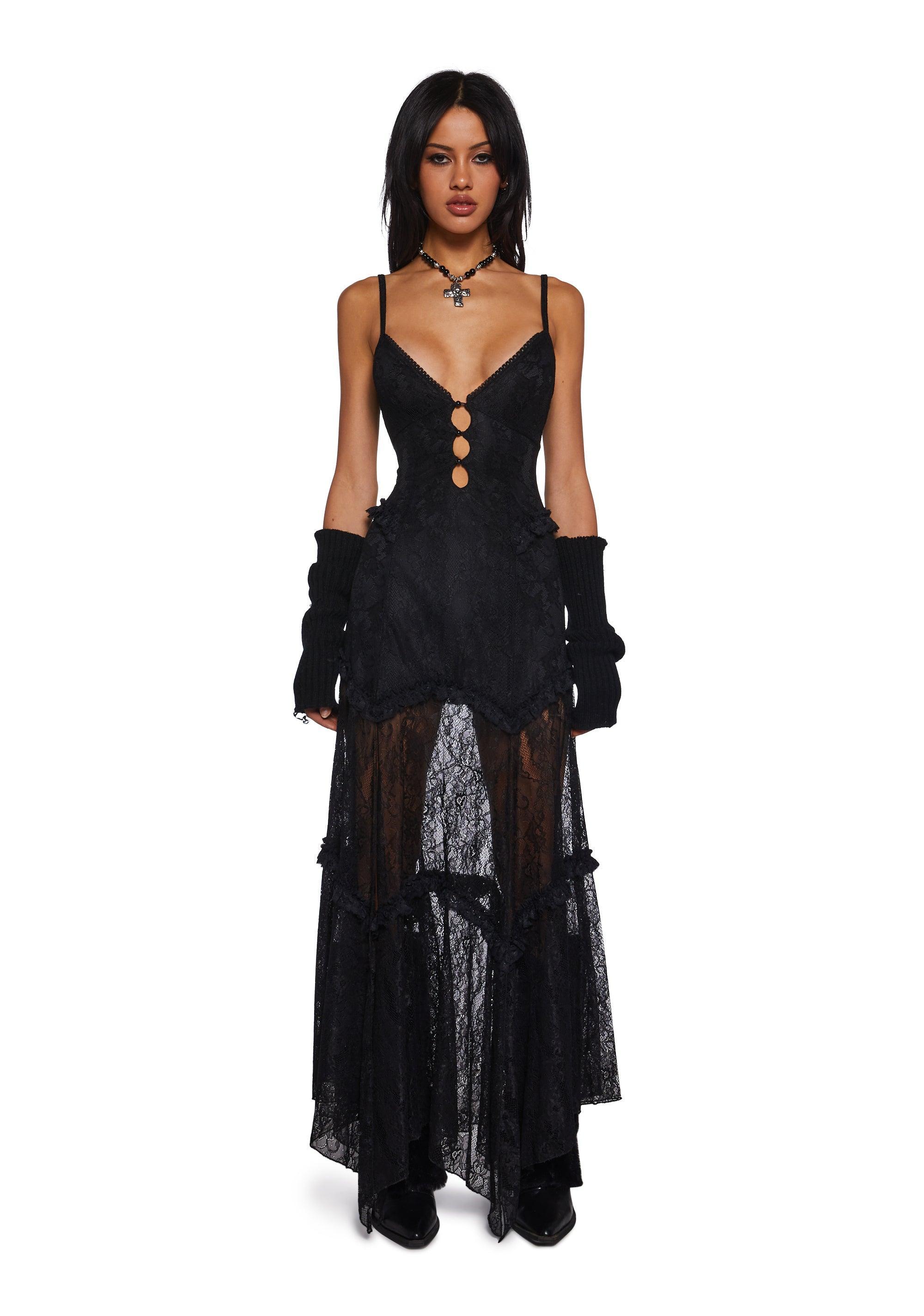 Lace Maxi Dress With Ruffles And Cut Outs Current Mood - Black Product Image