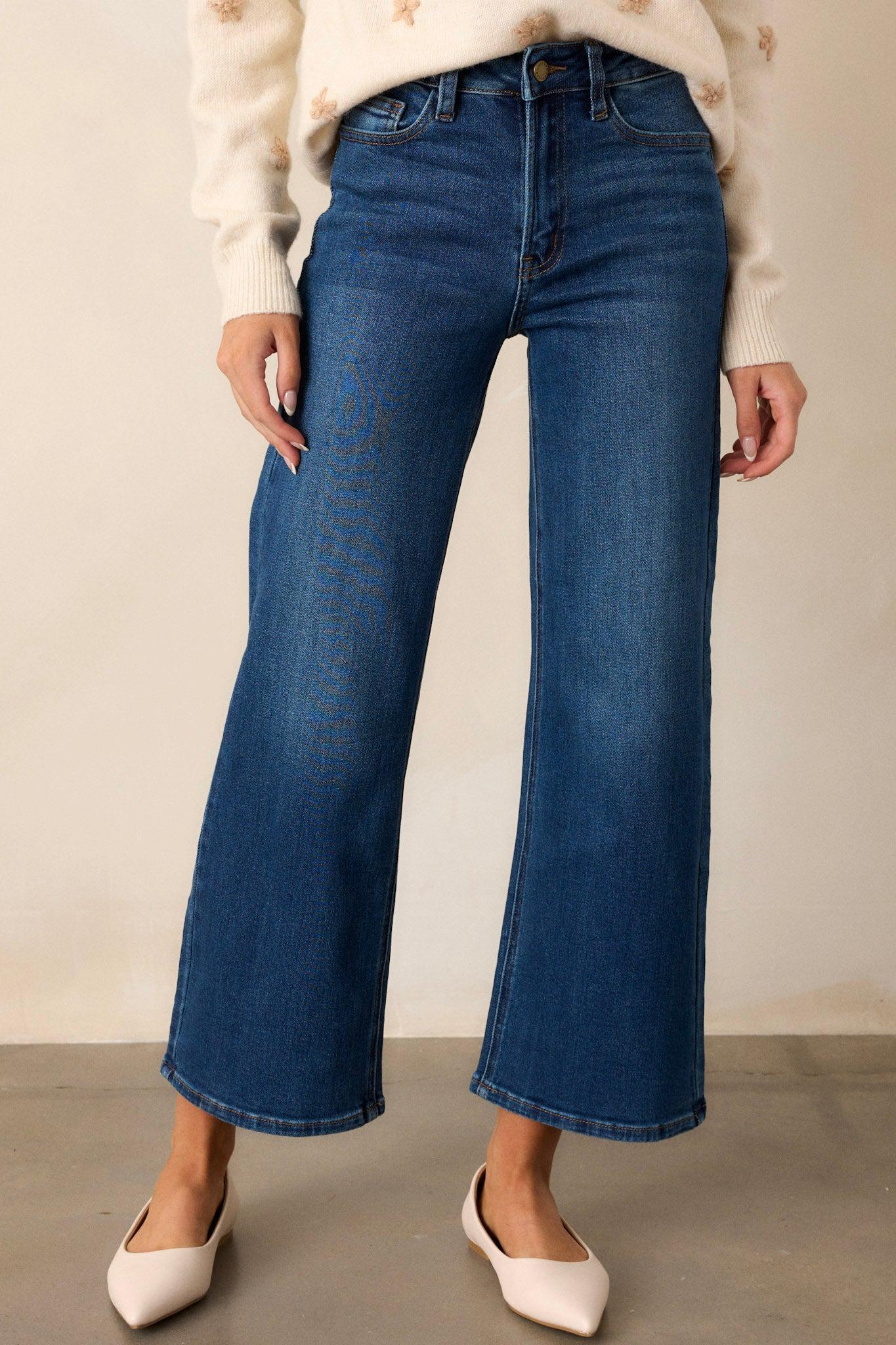 Into The Clouds Dark Wash Cropped Wide Leg Jeans Product Image