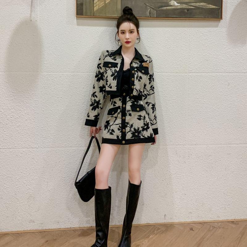 Set: Collared Jacquard Button-Up Crop Jacket + Mini Skirt Product Image